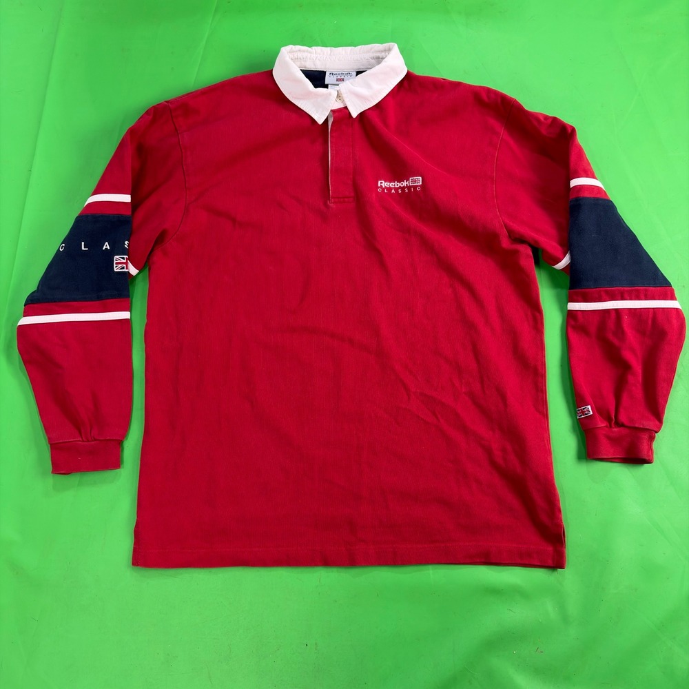 VTG 90s Rugby Polo Reebok Classic Mens L Colorblock Union Jack Sleeve Logo Shirt